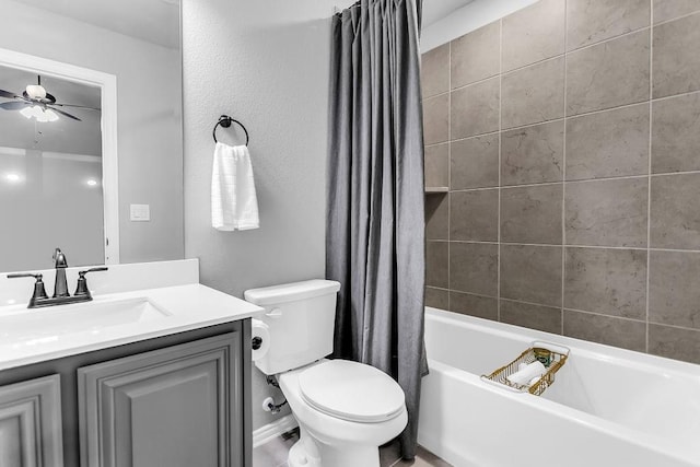 full bathroom with a ceiling fan, shower / tub combo, toilet, and vanity