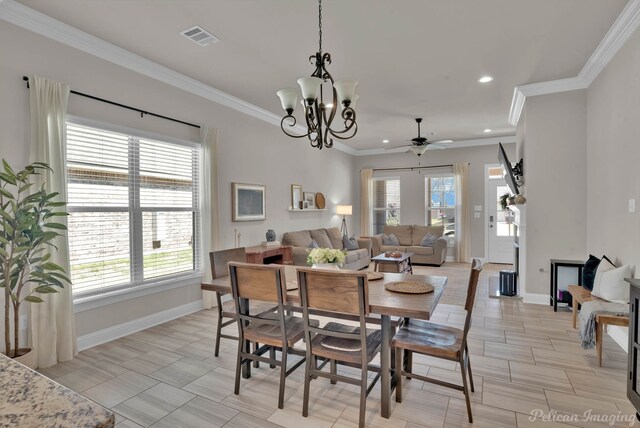 dining area with ornamental molding, recessed lighting, visible vents, and baseboards