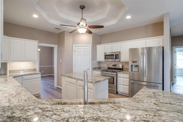 kitchen with stainless steel appliances, light stone counters, a raised ceiling, and white cabinetry