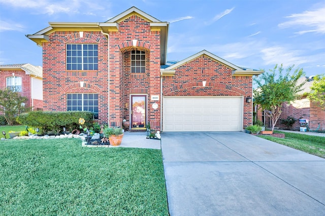 traditional-style home featuring an attached garage, brick siding, driveway, and a front lawn