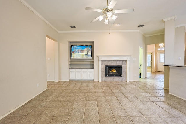 unfurnished living room featuring ornamental molding, visible vents, and ceiling fan