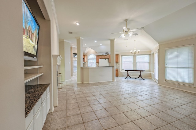 unfurnished living room featuring lofted ceiling, light tile patterned floors, ceiling fan with notable chandelier, visible vents, and ornamental molding