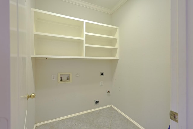 laundry area with washer hookup, crown molding, hookup for a gas dryer, electric dryer hookup, and laundry area