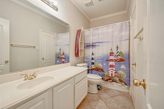 full bath with visible vents, toilet, tile patterned flooring, crown molding, and vanity