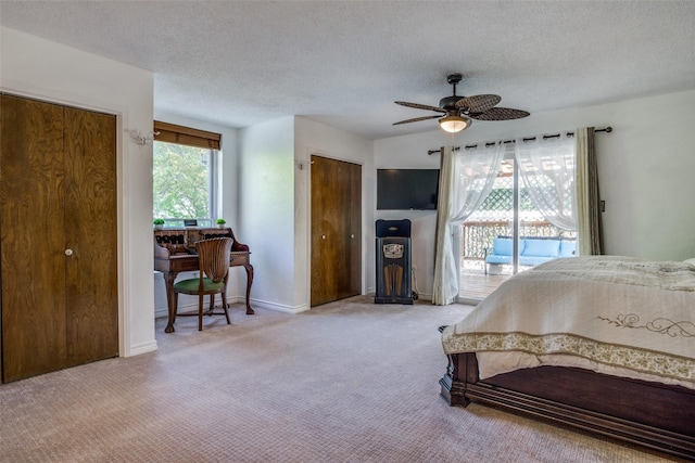 2412 Cedar Crest Dr, Granbury, TX 76048 - carpeted bedroom with a ceiling fan, multiple windows, access to outside, and a textured ceiling