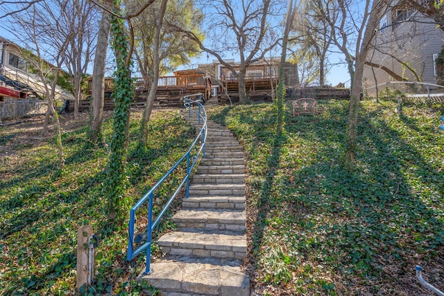 2412 Cedar Crest Dr, Granbury, TX 76048 - view of yard featuring a wooden deck, fence, and stairway