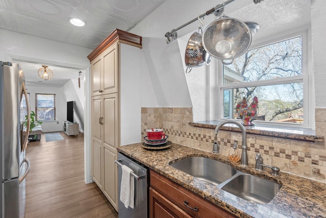 2412 Cedar Crest Dr, Granbury, TX 76048 - kitchen featuring wood finished floors, a sink, backsplash, and stainless steel appliances