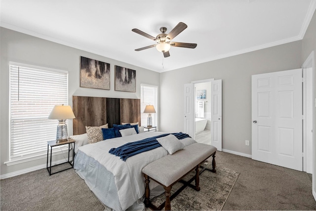 bedroom with crown molding, a ceiling fan, carpet flooring, connected bathroom, and baseboards