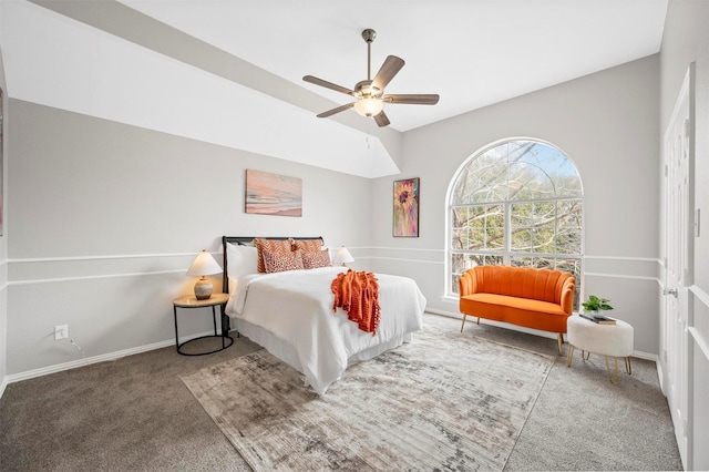 bedroom with ceiling fan, carpet flooring, and baseboards