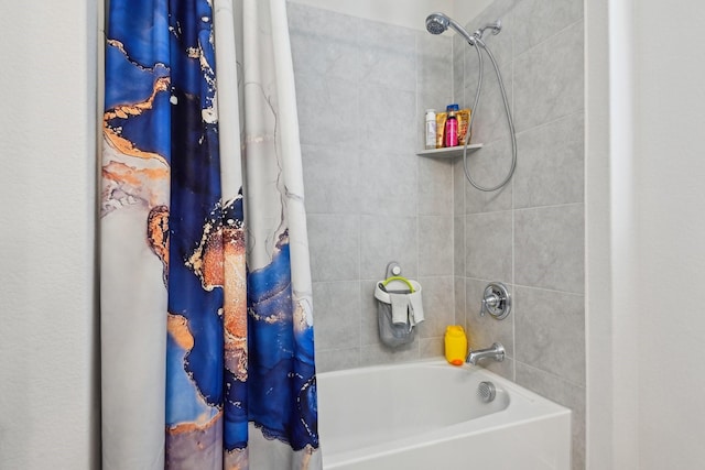 full bathroom with shower / bathtub combination with curtain