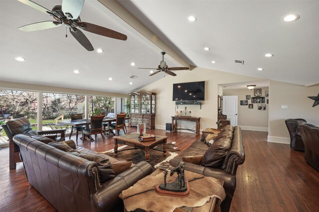 928 N Irving Heights Dr, Irving, TX 75061 - living room featuring lofted ceiling with beams, recessed lighting, wood finished floors, visible vents, and baseboards