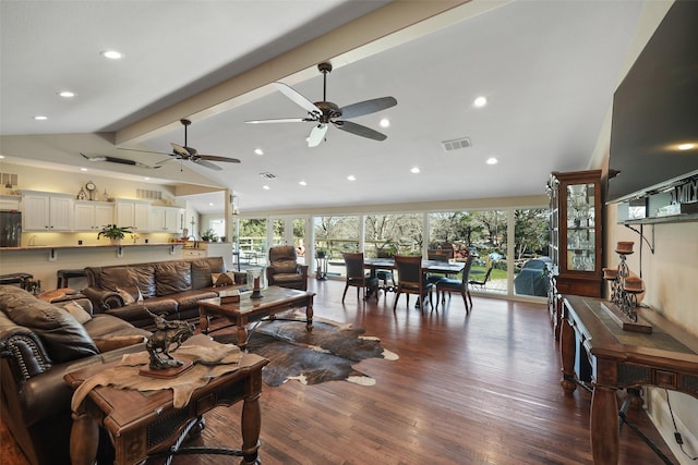 928 N Irving Heights Dr, Irving, TX 75061 - living room with dark wood-type flooring, recessed lighting, visible vents, and vaulted ceiling with beams