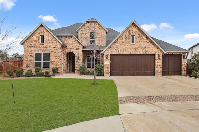 view of front of house featuring a garage, a front yard, concrete driveway, and brick siding