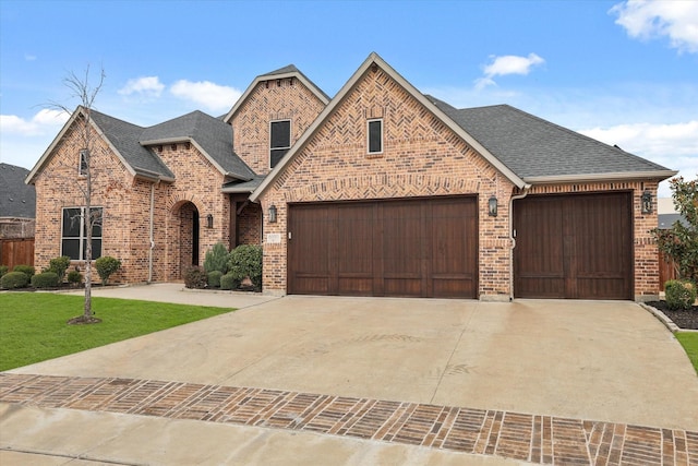 view of front of property featuring a garage, driveway, brick siding, and roof with shingles