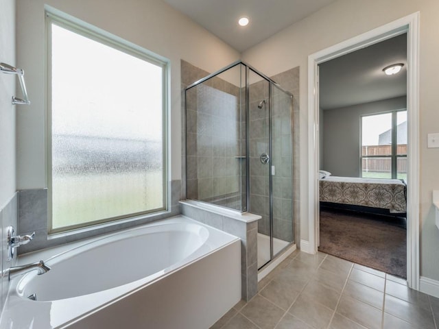 full bathroom with a bath, a stall shower, tile patterned flooring, and connected bathroom