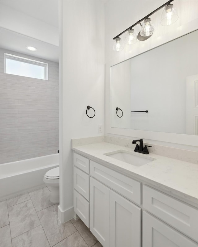 bathroom featuring shower / washtub combination, marble finish floor, vanity, and toilet