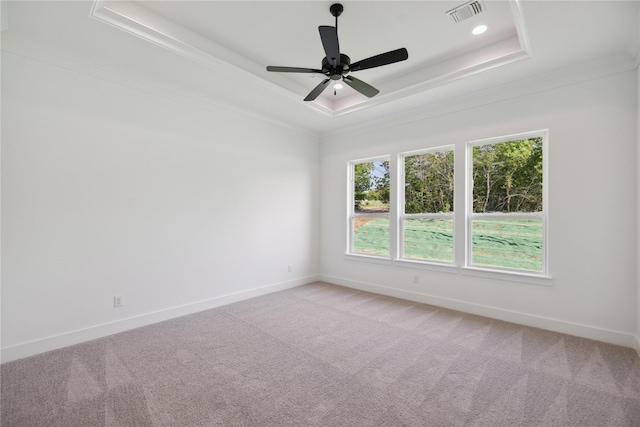 unfurnished room featuring light carpet, visible vents, and a raised ceiling