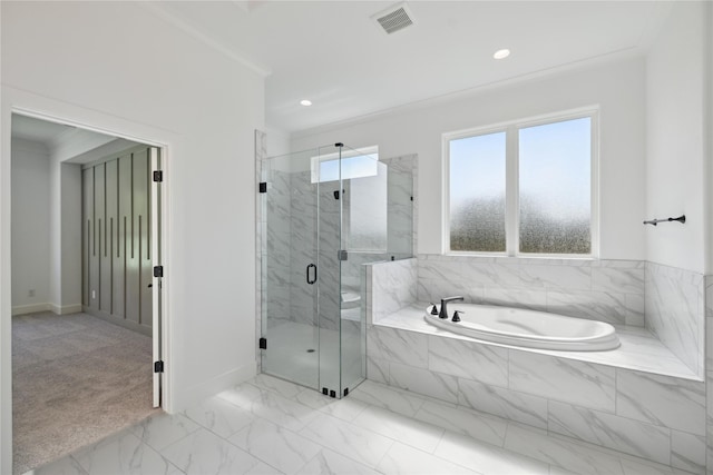 full bath featuring marble finish floor, ornamental molding, a marble finish shower, and a bath