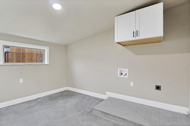 clothes washing area with recessed lighting, hookup for an electric dryer, washer hookup, baseboards, and cabinet space