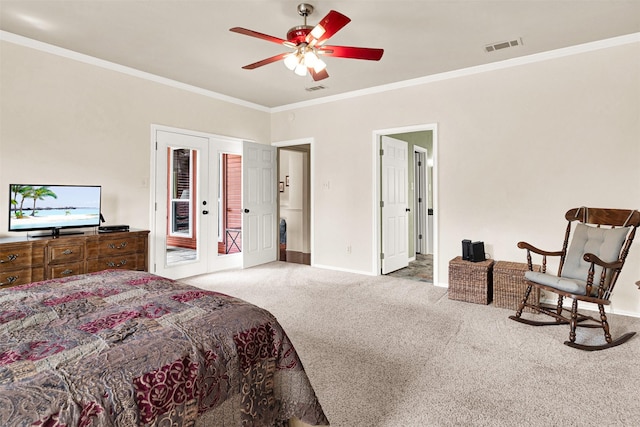 bedroom with visible vents, baseboards, carpet, crown molding, and french doors