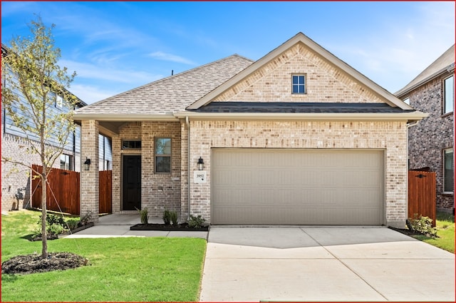 view of front of house featuring a garage, brick siding, driveway, and fence