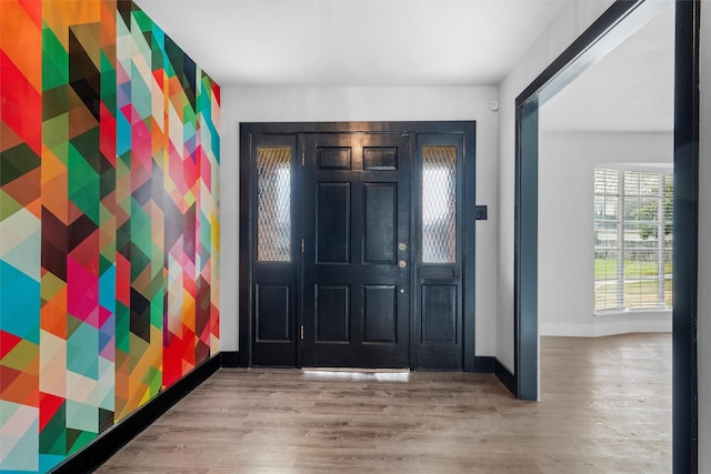 entrance foyer with baseboards and wood finished floors