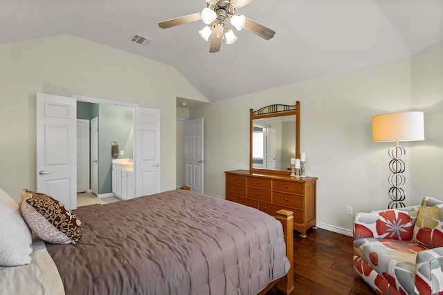 bedroom with lofted ceiling, visible vents, ceiling fan, wood finished floors, and baseboards