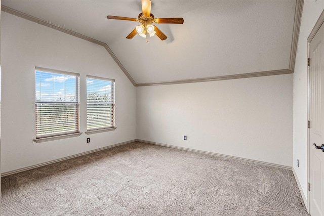 bonus room with vaulted ceiling, ceiling fan, carpet, and baseboards