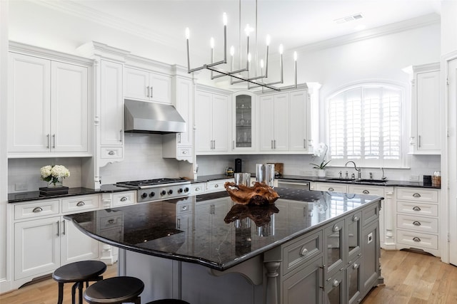 kitchen with under cabinet range hood, crown molding, stainless steel gas stovetop, and a sink