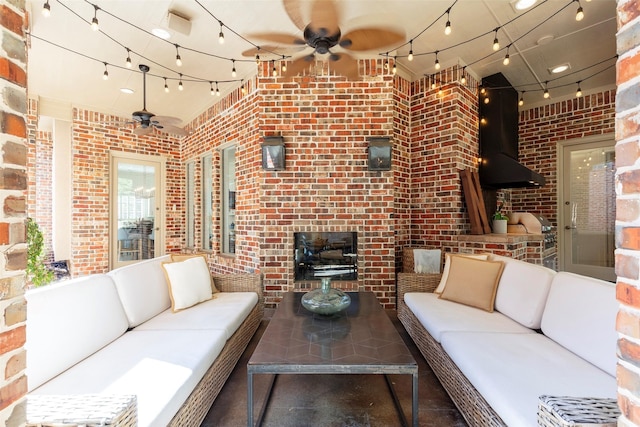 view of patio with ceiling fan, an outdoor hangout area, and area for grilling