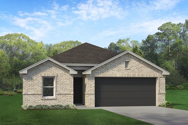 ranch-style house with a garage, concrete driveway, brick siding, and a front lawn