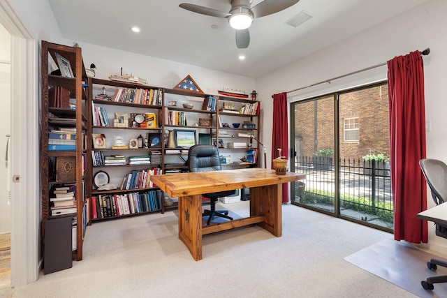 office space with light colored carpet, ceiling fan, and recessed lighting