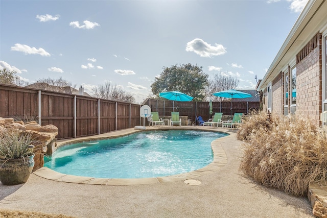 view of pool with a fenced in pool, a fenced backyard, and a patio