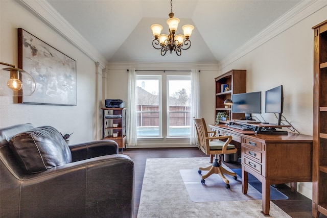 office with wood finished floors, vaulted ceiling, crown molding, ornate columns, and a notable chandelier