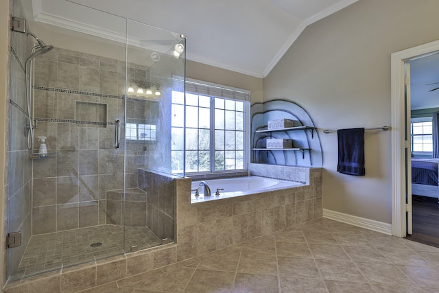 bathroom with lofted ceiling, ensuite bathroom, tile patterned flooring, a stall shower, and crown molding