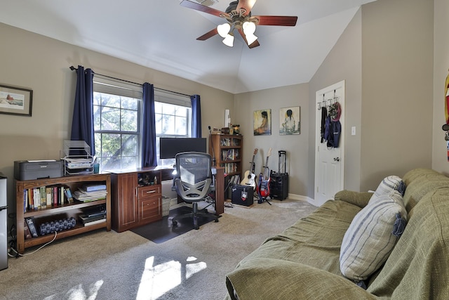 office area with lofted ceiling, carpet, a ceiling fan, and baseboards