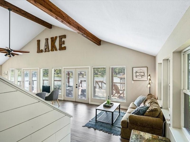 living room featuring high vaulted ceiling, wood finished floors, beam ceiling, and french doors