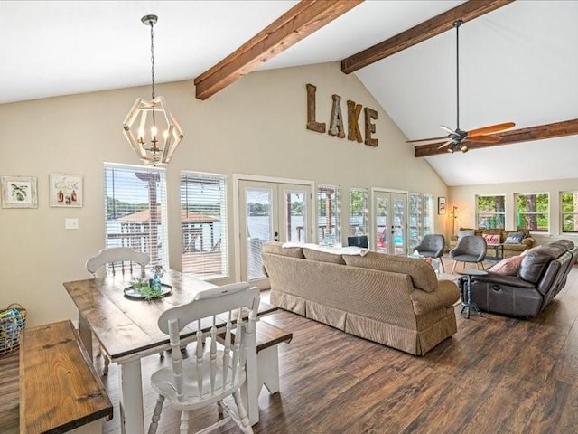 living area with high vaulted ceiling, french doors, wood finished floors, and beam ceiling