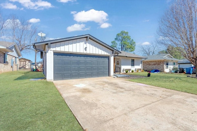 ranch-style home featuring brick siding, board and batten siding, a front lawn, a garage, and driveway