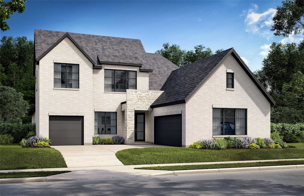 view of front facade featuring a garage, concrete driveway, brick siding, and a shingled roof