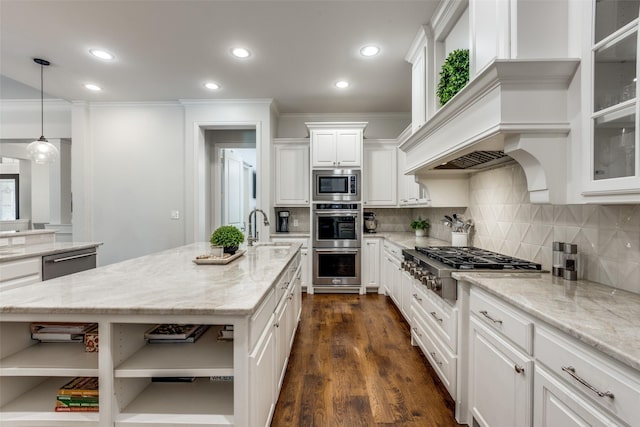 kitchen featuring open shelves, appliances with stainless steel finishes, white cabinetry, and light stone counters