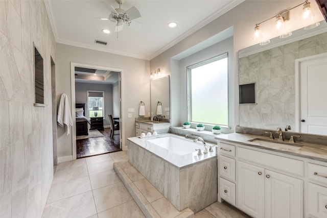 full bath with tile walls, visible vents, ornamental molding, a sink, and tile patterned flooring