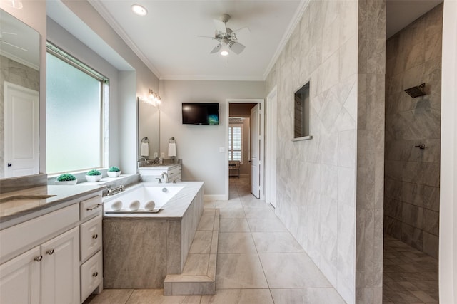 full bathroom with a garden tub, walk in shower, crown molding, and tile patterned floors