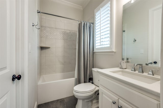 bathroom featuring toilet, vanity, tile patterned floors, shower / bath combination with curtain, and crown molding