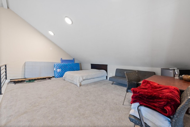 carpeted bedroom with lofted ceiling and recessed lighting