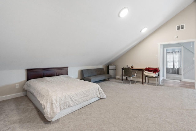 bedroom with lofted ceiling, recessed lighting, carpet floors, visible vents, and baseboards