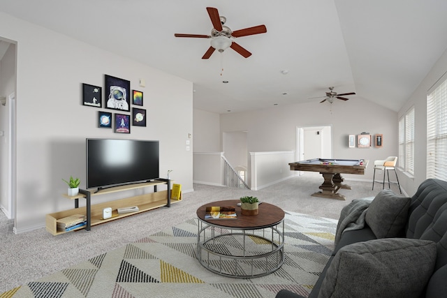 carpeted living room featuring lofted ceiling, pool table, and baseboards