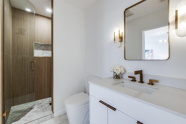 full bath with toilet, marble finish floor, vanity, a shower stall, and recessed lighting