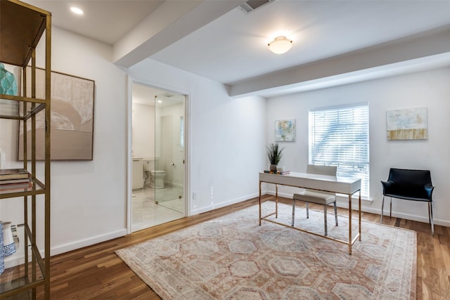 office area featuring recessed lighting, wood finished floors, and baseboards