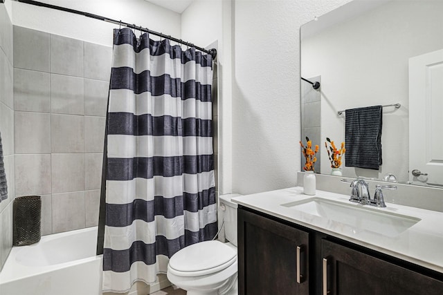 full bath featuring shower / bath combination with curtain, toilet, and vanity